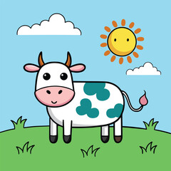 Cartoon Cow in Sunny Field