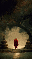 Monk walking toward the light of enlightenment