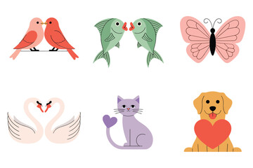 Stylized flat illustration set for romantic animals, showing birds, fish, swan, cat, and dog symbols.