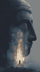 Giant Buddha with light of enlightenment in mystical forest