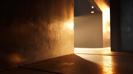 Dramatic lighting illuminates a textured concrete wall and wet floor, creating a sense of mystery and industrial ambiance