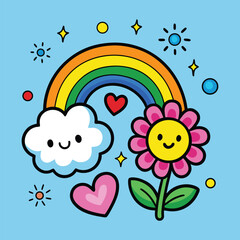 a rainbow and a flower with clouds and stars