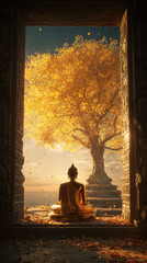 Golden Buddha meditating under the Bodhi tree framed by ancient temple gate
