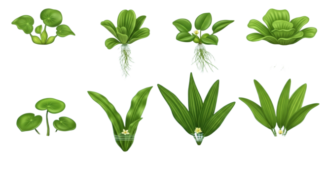 Collection Of Aquatic Plants Floating On Water Surface Detailed Pixel Art Style isolated on Transparent Background
