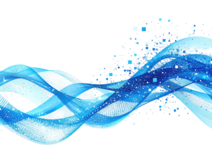 Wavy, flowing, transparent ribbons of varying blue tones with scattered sparkles on black