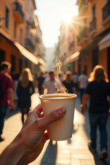 A warm beverage in a disposable cup held in hand, sunlight illuminating a bustling street scene of pedestrians strolling past buildings