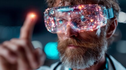 A man with a beard and blue eyes wears advanced VR goggles with a complex, glowing digital interface, reaching out to touch a bright point of light.