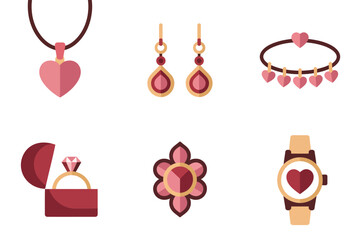 Simplified flat illustration set for romantic jewelry, showing necklace, earrings, watch, and ring box symbols.