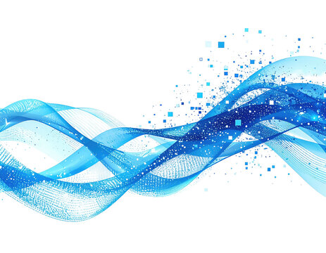 Wavy, flowing, transparent ribbons of varying blue tones with scattered sparkles on black - Powered by Adobe
