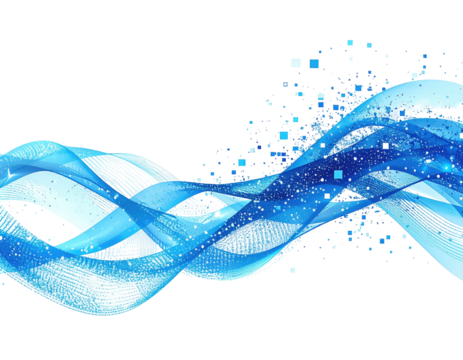 Wavy, flowing, transparent ribbons of varying blue tones with scattered sparkles on black