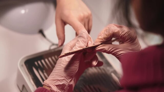 Hand manicure. Fingernails care. Master of beauty spa service giving shape to female filing acrylic nails cosmetic procedure for client.