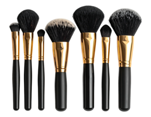Close-up of a set of makeup brushes, neatly arranged on a surface with black handles