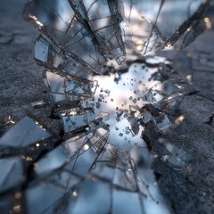 Abstract explosion of shattered glass fragments with bright light emanating from the center, creating a dynamic and chaotic composition on a textured surface