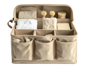 Beige organizer with compartments, holding spa essentials, top-down view