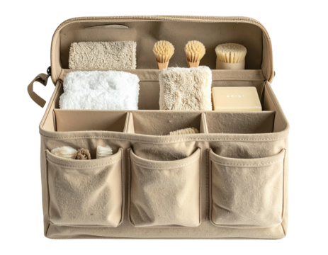 Beige organizer with compartments, holding spa essentials, top-down view