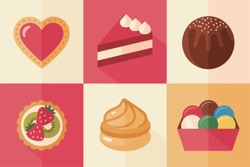 Detailed flat illustration set for romantic sweet food, featuring cake slice, pie, chocolate, and ice cream treats.