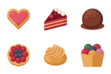Stylized flat illustration set for romantic sweet treats, showing cake slice, pie, chocolate, and berry tarts.