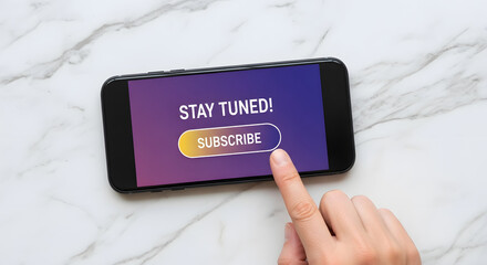 Subscribing and Digital Marketing Concept. Top View of person using Smartphone to making Subscribe on a Favorite Channel. Media Content Strategy