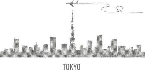 Obraz premium Tokyo Skyline with Airplane and Dotted Flight Path