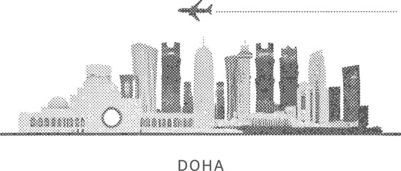 Fototapeta premium Doha Skyline with Airplane in Halftone Style