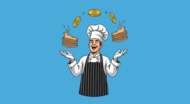 Chef juggles pancakes and money with flair showing breakfast success, perfect for restaurant promotions or culinary business ventures