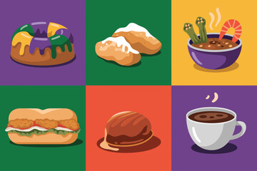 Flat color block illustration set for traditional food, showing king cake, gumbo, beignet, and hot coffee drink.