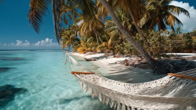 A tranquil hammock awaits relaxation by clear turquoise waters and lush palm trees