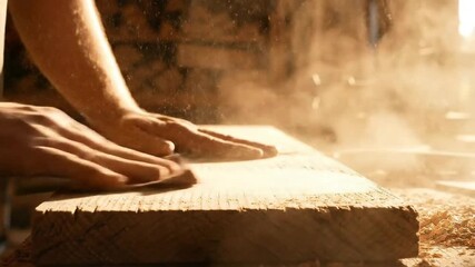 Hands sanding a wooden plank in a workshop creating dust and shavings showcasing craftsmanship and woodworking skills in a bright environment - Powered by Adobe
