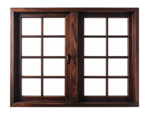 Dark wood double-pane window with a grid of small rectangular panes, against white