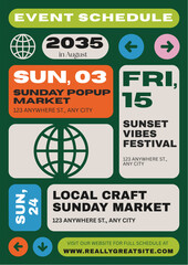 Event schedule poster with dates, locations, and website information