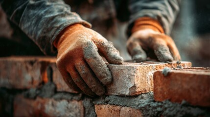 Beautiful photo of close-up Professional Masonry Worker Building Brick Wall with Protective Gloves. Ai Generated Images.
