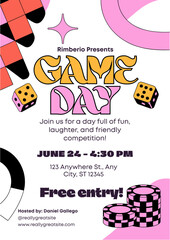 Game day poster, featuring dice and poker chips