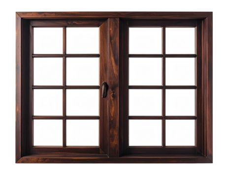 Dark wood double-pane window with a grid of small rectangular panes, against white