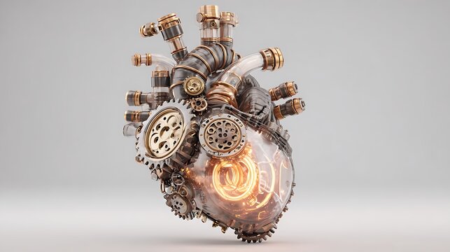 A 3D rendered steampunk heart with rotating gears, pipes emitting steam, and glowing energy core.