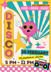 Retro disco party poster with cartoon disco ball and vintage design elements