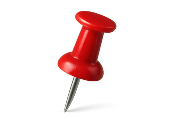 Red push pin with a shiny plastic head and a sharp metal point, used for holding documents and marking locations. Transparent background