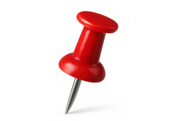 Red push pin with a shiny plastic head and a sharp metal point, used for holding documents and marking locations. Transparent background