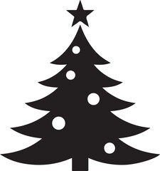 A black silhouette of a decorated christmas tree with a star on top and round ornaments, representing the holiday season, celebration, winter, and festive cheer on a white background