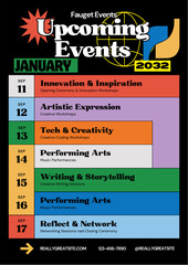 Upcoming events poster for faucet events in january 2032 with a