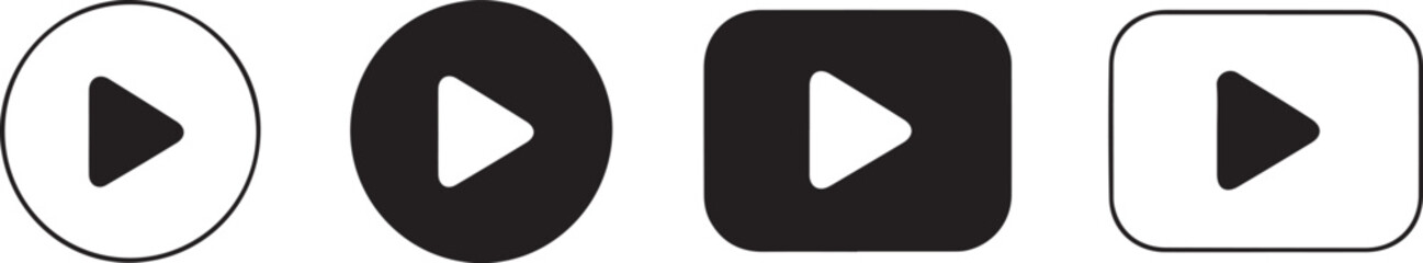A set of four play buttons in various styles and colors, including circles and rounded squares, with a central triangle icon, symbolizing start, play, video, media, and action on a white background