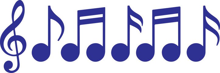 A collection of blue musical notes and a treble clef on a white background, representing music, melody, harmony, rhythm, and sound in a simple, clean graphic illustration