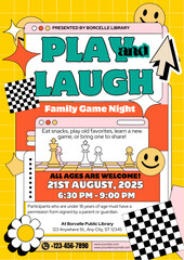Play and laugh family game night poster for borcelle library in august 2025