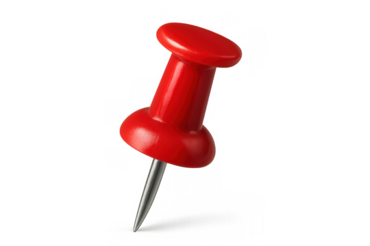 Red push pin with a shiny plastic head and a sharp metal point, used for holding documents and marking locations. Transparent background