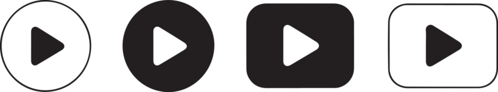 A set of four play buttons in various styles and colors, including circles and rounded squares, with a central triangle icon, symbolizing start, play, video, media, and action on a white background