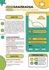 Digital marketing resume featuring skills, experience, and contact information