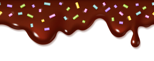 Chocolate drip with donut sprinkles. Simple realistic brown sweet drop. Seamless border design