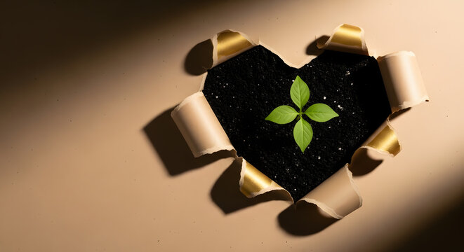 Young green plant growing in rich black soil, seen through a heart-shaped hole in brown kraft paper. Concept of sustainability, eco-friendly living, environmental awareness, love for nature. Earth Day