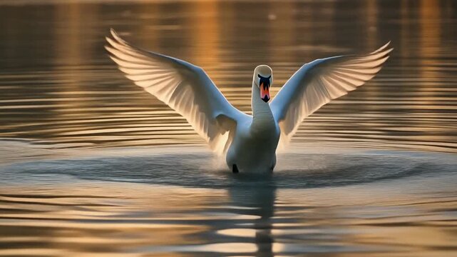 Cisne blanco majestuoso con alas extendidas en el agua al atardecer.