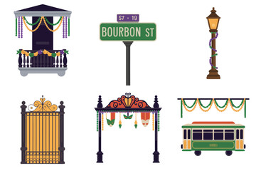 Obraz premium Flat illustration set for New Orleans street, featuring street sign, balcony, gate, and trolley symbols.