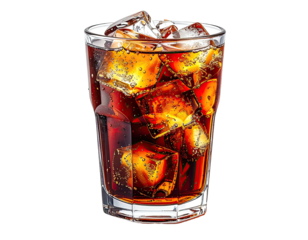 A refreshing drink Dark, fizzy liquid with ice cubes in a glass, on black